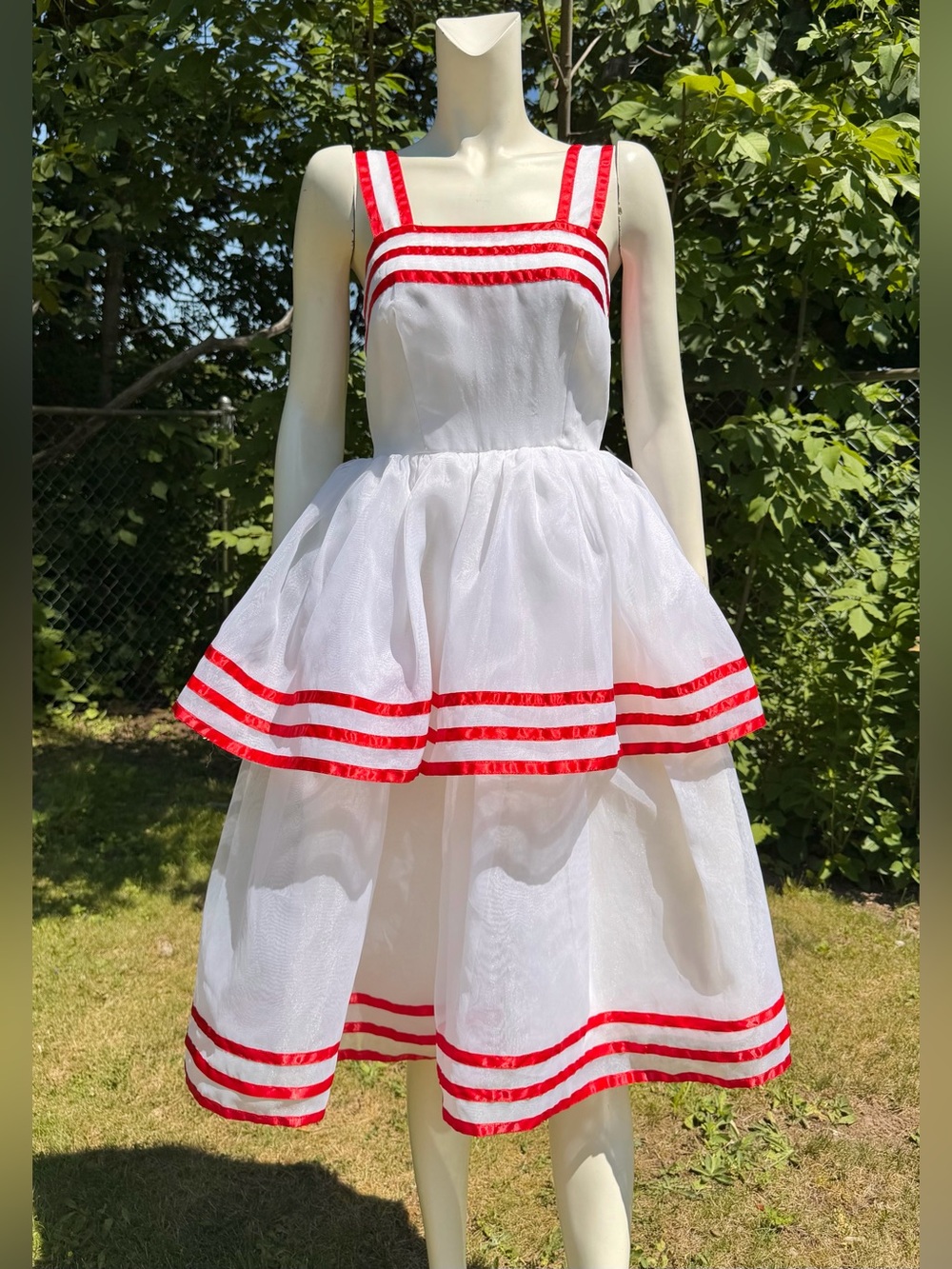 Vintage LILLIE RUBIN DRESS White Chiffon Red Stripes Candy Striped Lolita Dolly